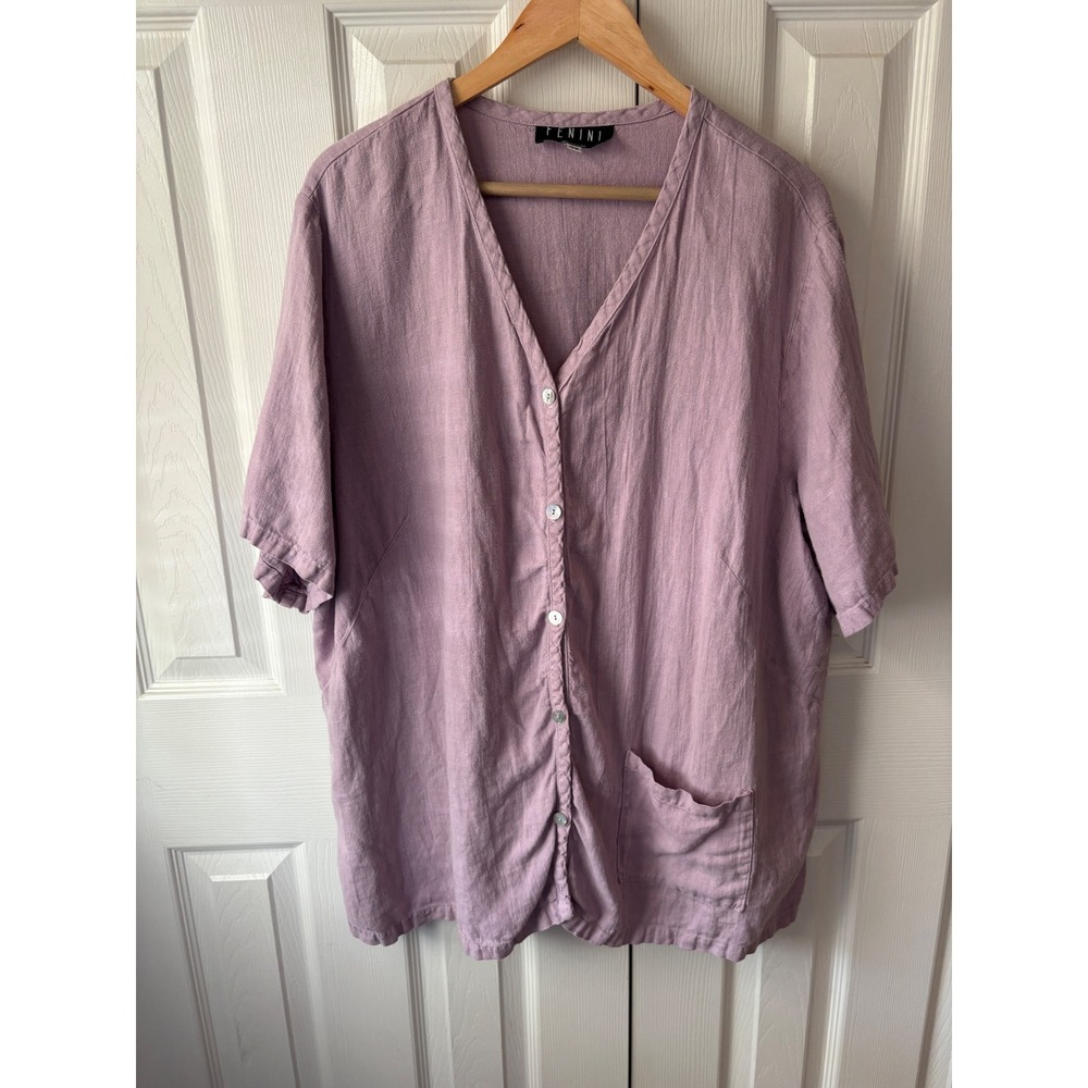 FENINI Purple 100% Linen Button Front 
Lagenlook Artsy‎ Boho Beachy Tunic Top 3X